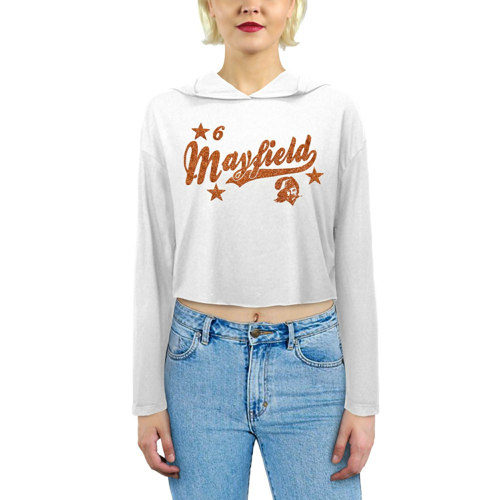 Baker Mayfield Tampa Bay Buccaneers Majestic Threads Women's Glitter Wordmark Hoodie White - NFL