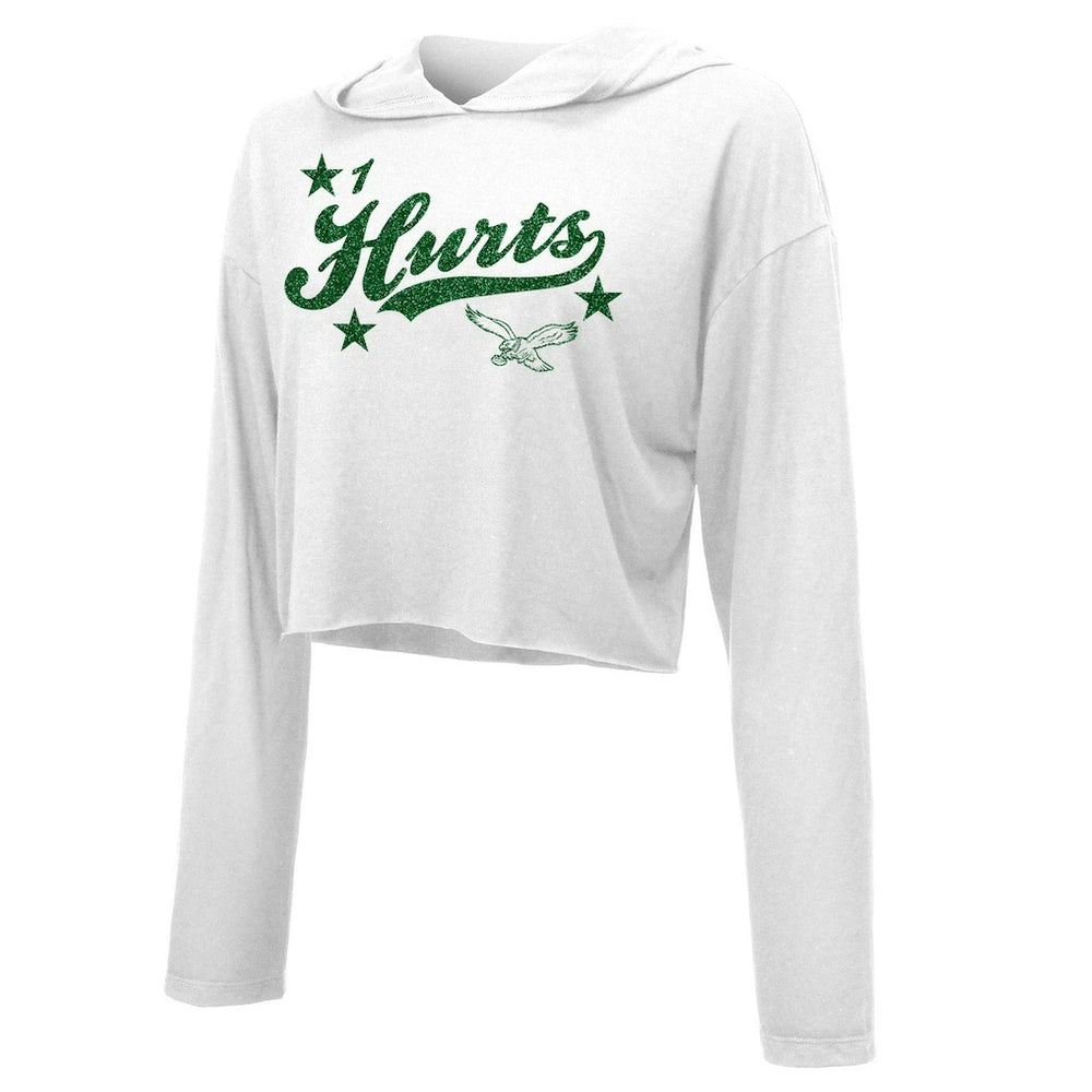 Jalen Hurts Philadelphia Eagles Majestic Threads Women's Glitter Wordmark Hoodie White - NFL