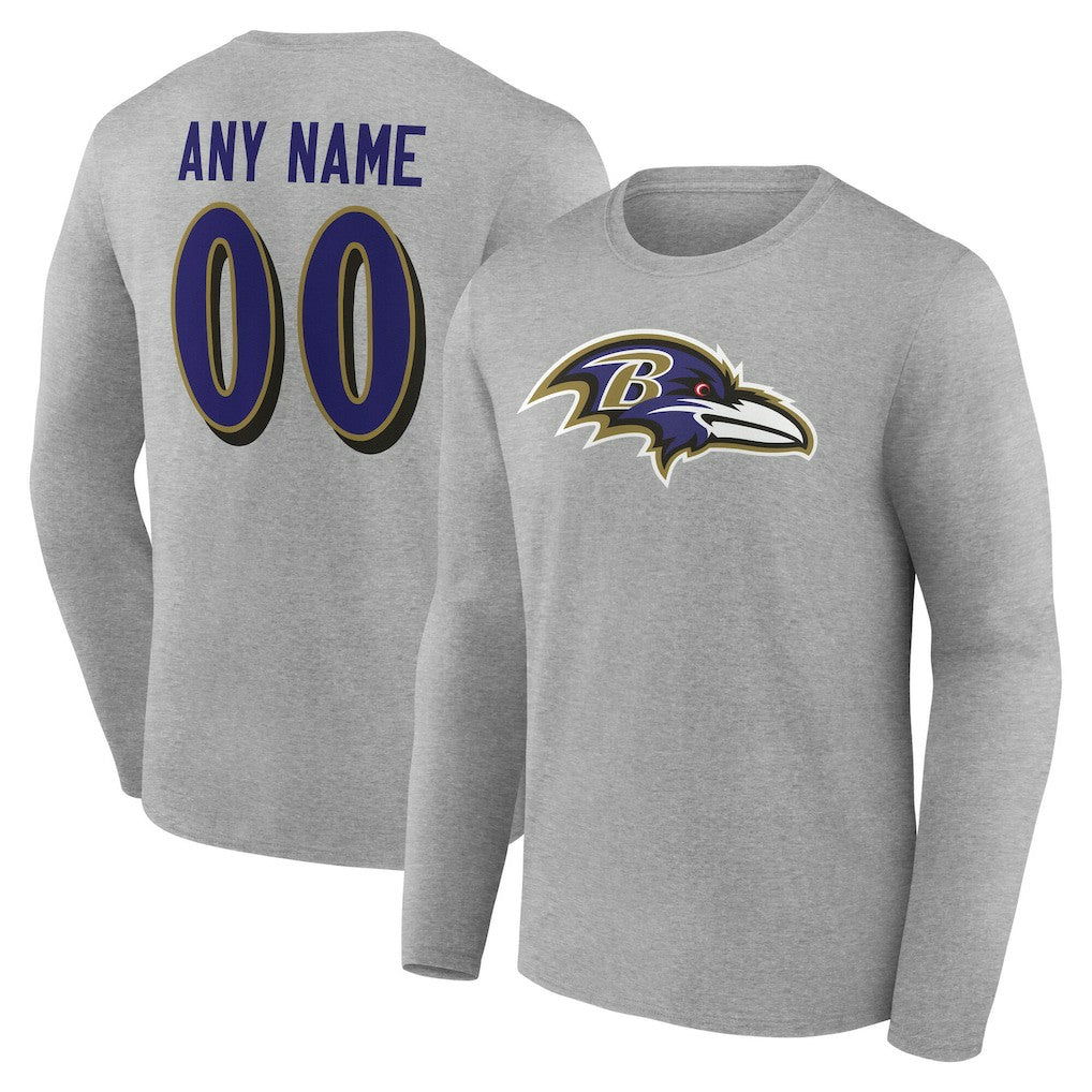 Baltimore Ravens Team Authentic Personalized Name & Number Long Sleeve T-Shirt Gray - NFL