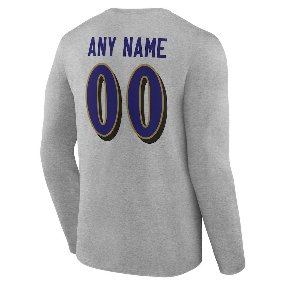Baltimore Ravens Team Authentic Personalized Name & Number Long Sleeve T-Shirt Gray - NFL