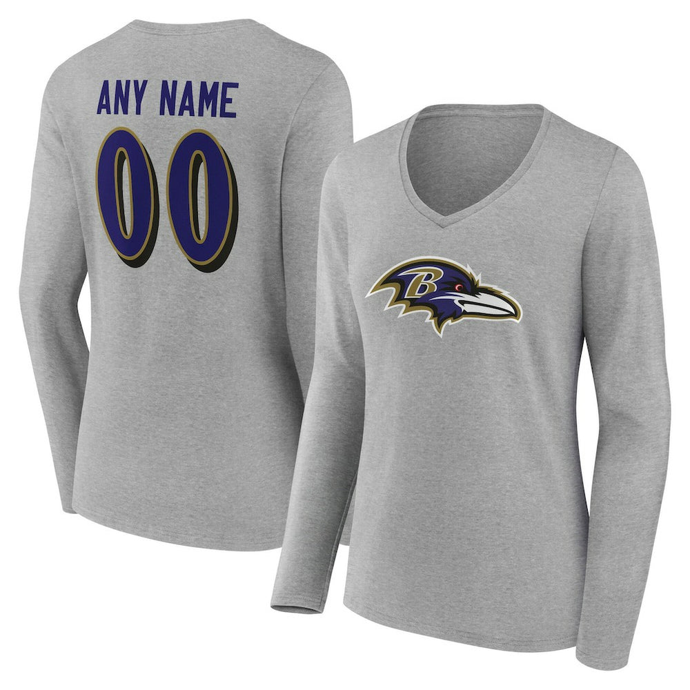 Baltimore Ravens Women's Team Authentic Personalized Name & Number Long Sleeve V-Neck T-Shirt Gray - NFL
