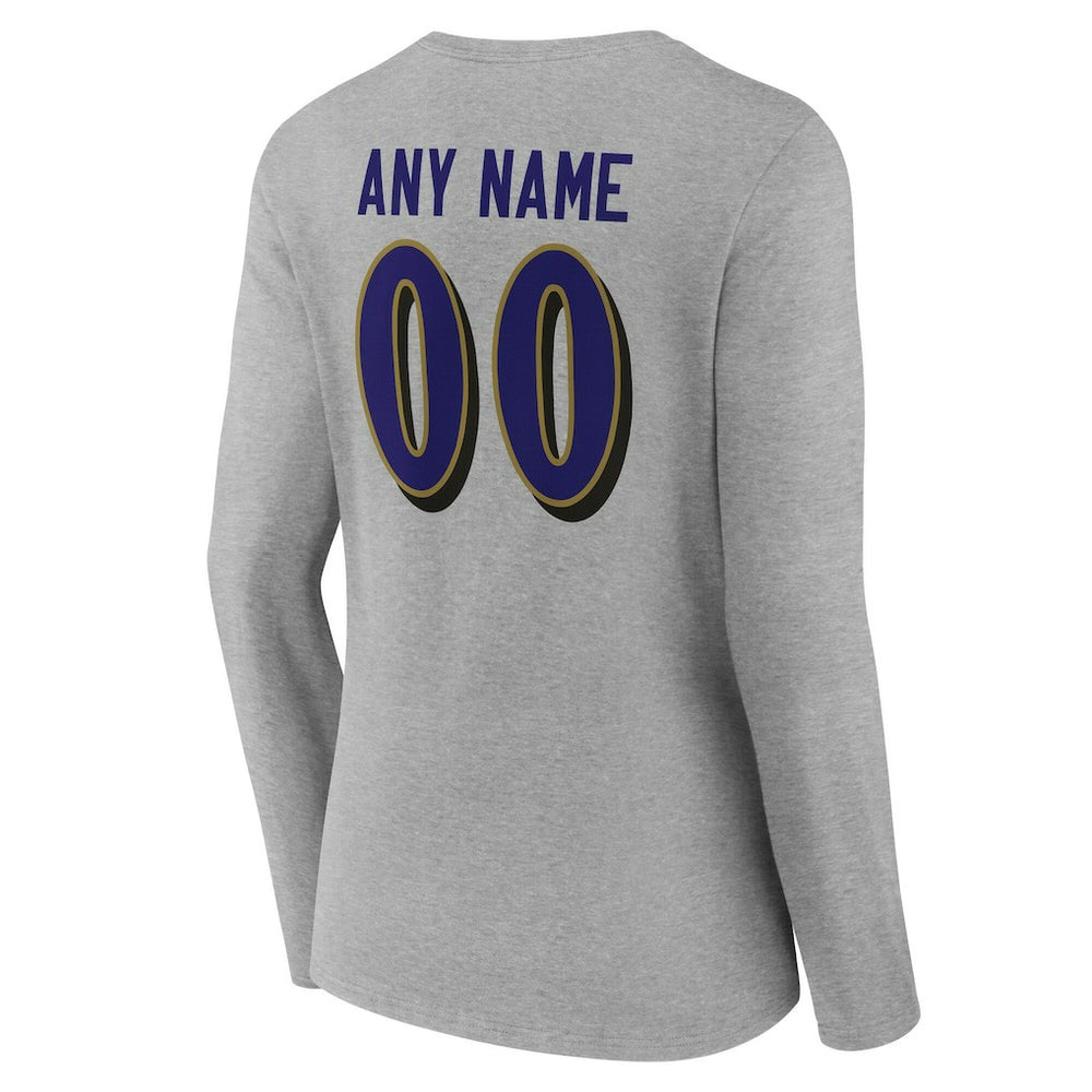 Baltimore Ravens Women's Team Authentic Personalized Name & Number Long Sleeve V-Neck T-Shirt Gray - NFL