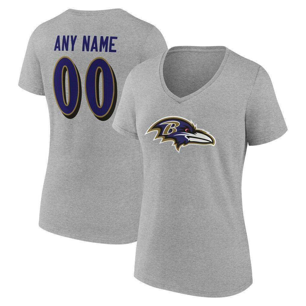Baltimore Ravens Women's Team Authentic Personalized Name & Number V-Neck T-Shirt Gray - NFL