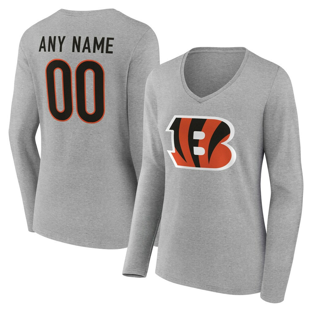Cincinnati Bengals Women's Team Authentic Personalized Name & Number Long Sleeve V-Neck T-Shirt Gray - NFL