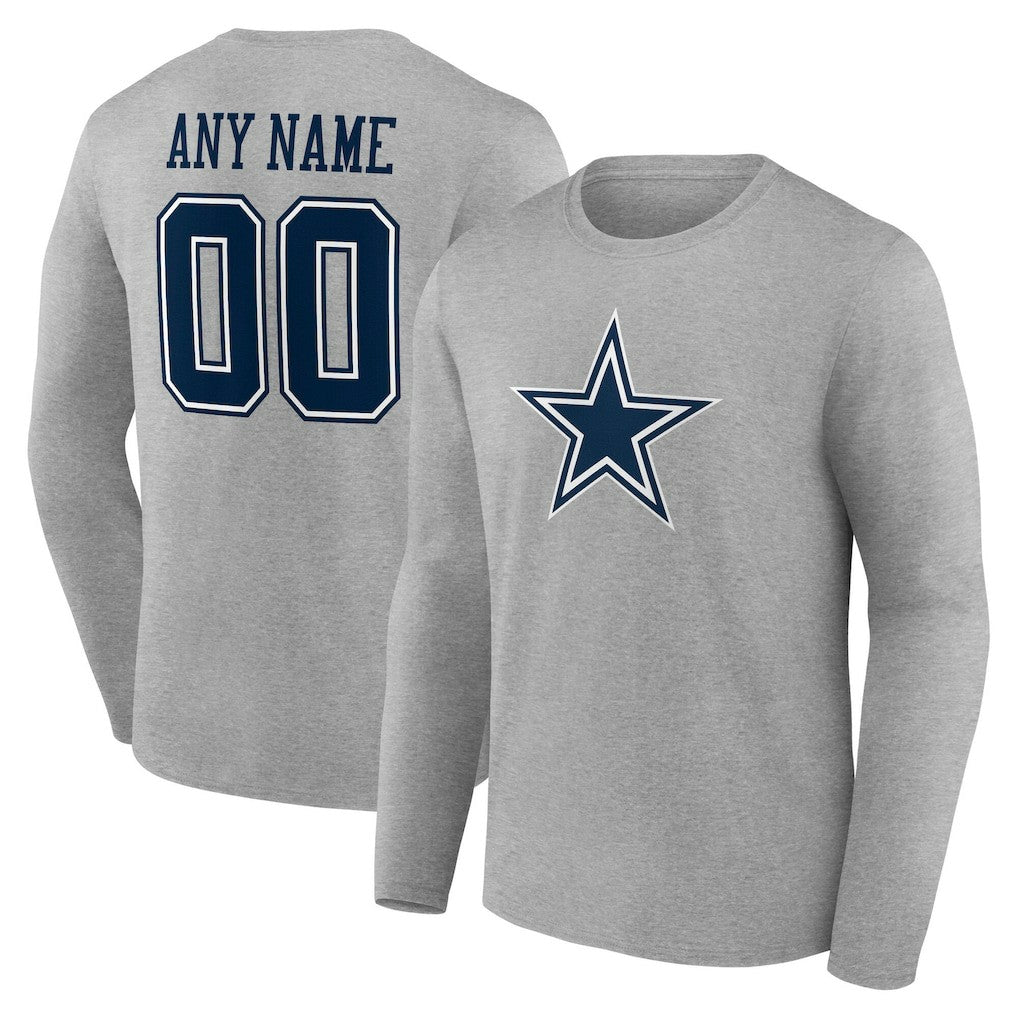 Dallas Cowboys Team Authentic Personalized Name & Number Long Sleeve T-Shirt Gray - NFL