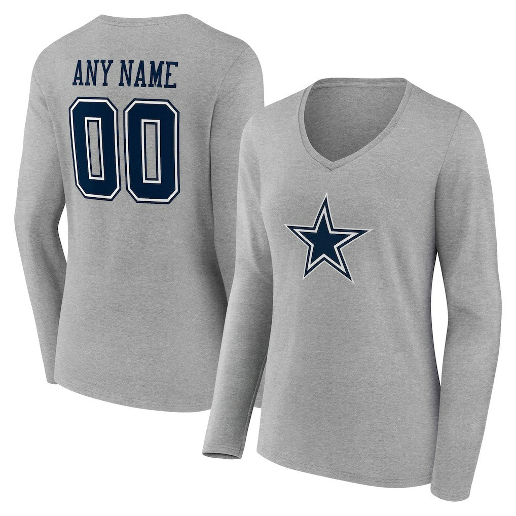 Dallas Cowboys Women's Team Authentic Personalized Name & Number Long Sleeve V-Neck T-Shirt Gray - NFL