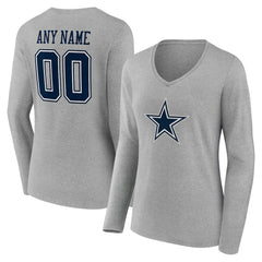 Dallas Cowboys Women's Team Authentic Personalized Name & Number Long Sleeve V-Neck T-Shirt Gray - NFL