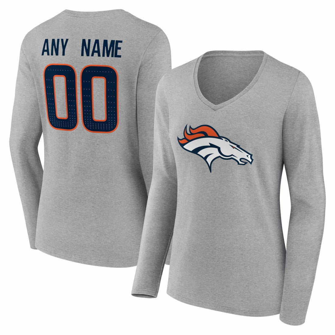 Denver Broncos Women's Team Authentic Personalized Name & Number Long Sleeve V-Neck T-Shirt Gray - NFL