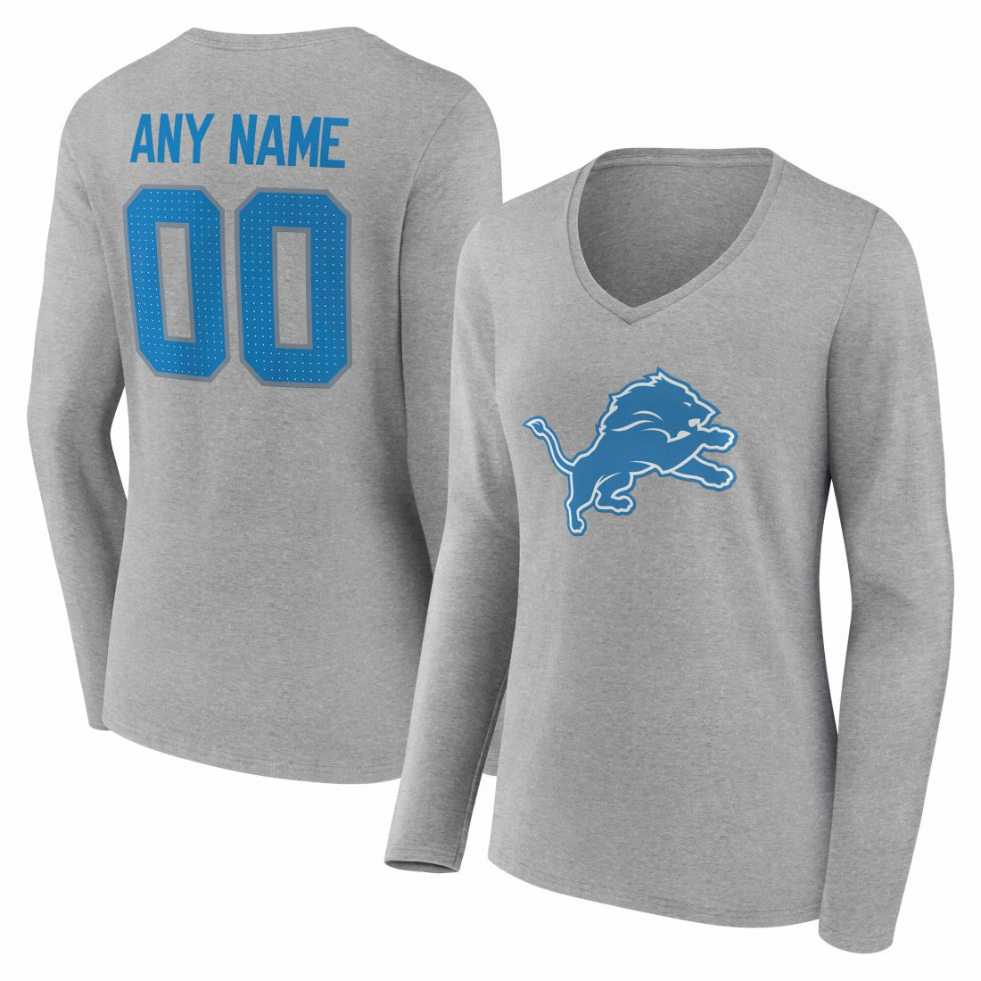 Detroit Lions Women's Team Authentic Personalized Name & Number Long Sleeve V-Neck T-Shirt Gray - NFL