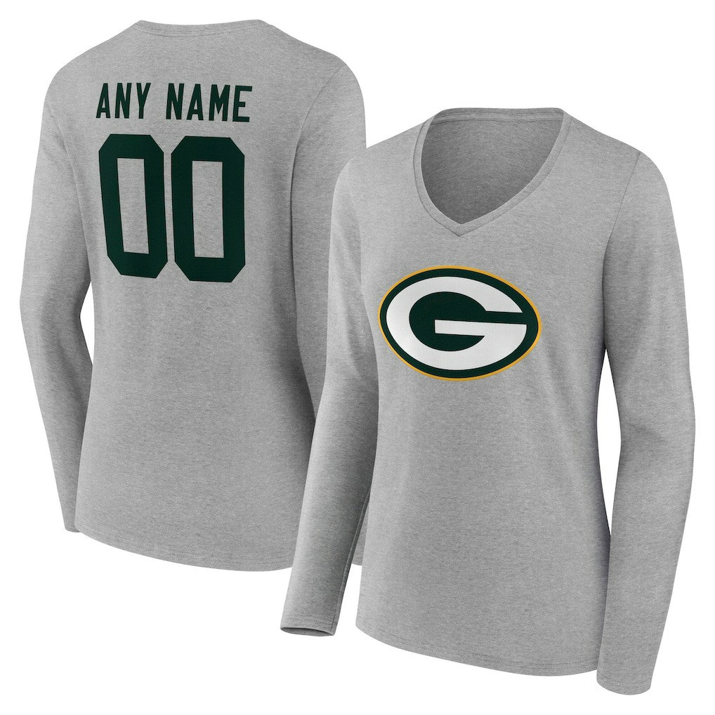 Green Bay Packers Women's Team Authentic Personalized Name & Number Long Sleeve V-Neck T-Shirt Gray - NFL