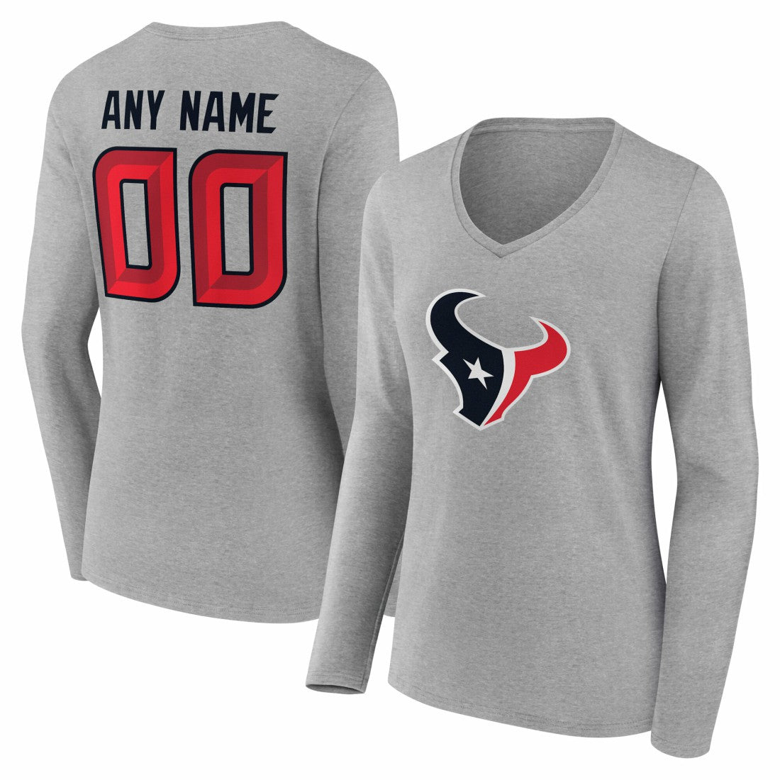 Houston Texans Women's Team Authentic Personalized Name & Number Long Sleeve V-Neck T-Shirt Gray - NFL