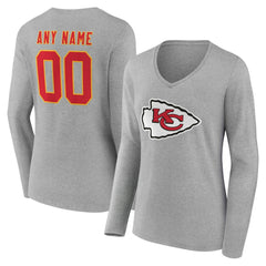 Kansas City Chiefs Women's Team Authentic Personalized Name & Number Long Sleeve V-Neck T-Shirt Gray - NFL