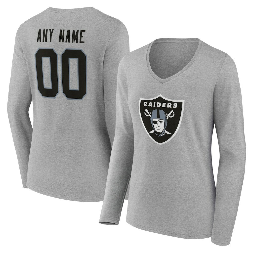 Las Vegas Raiders Women's Team Authentic Personalized Name & Number Long Sleeve V-Neck T-Shirt Gray - NFL