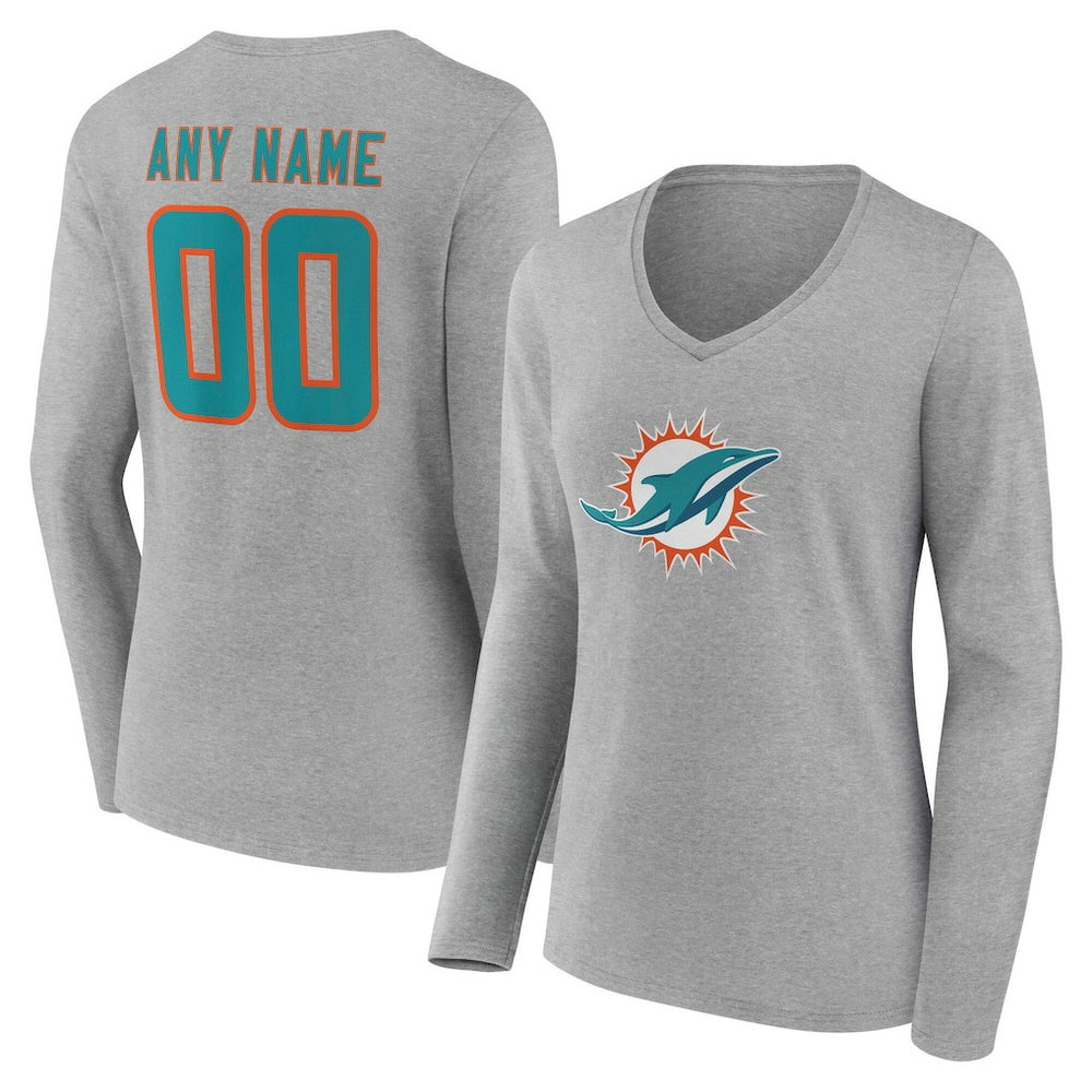 Miami Dolphins Women's Team Authentic Personalized Name & Number Long Sleeve V-Neck T-Shirt Gray - NFL