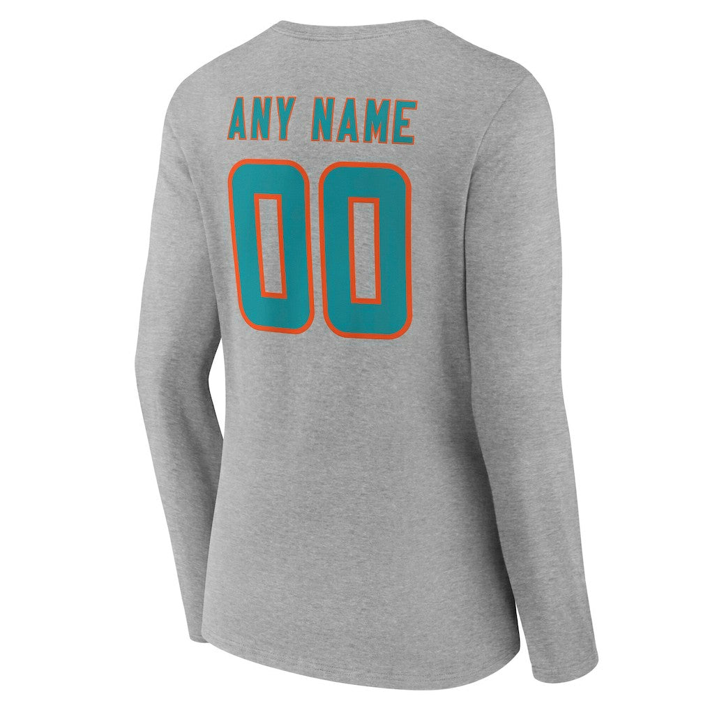 Miami Dolphins Women's Team Authentic Personalized Name & Number Long Sleeve V-Neck T-Shirt Gray - NFL