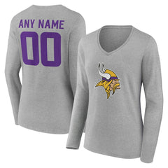 Minnesota Vikings Women's Team Authentic Personalized Name & Number Long Sleeve V-Neck T-Shirt Gray - NFL