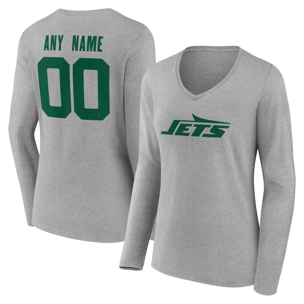 New York Jets Women's Team Authentic Personalized Name & Number Long Sleeve V-Neck T-Shirt Gray - NFL