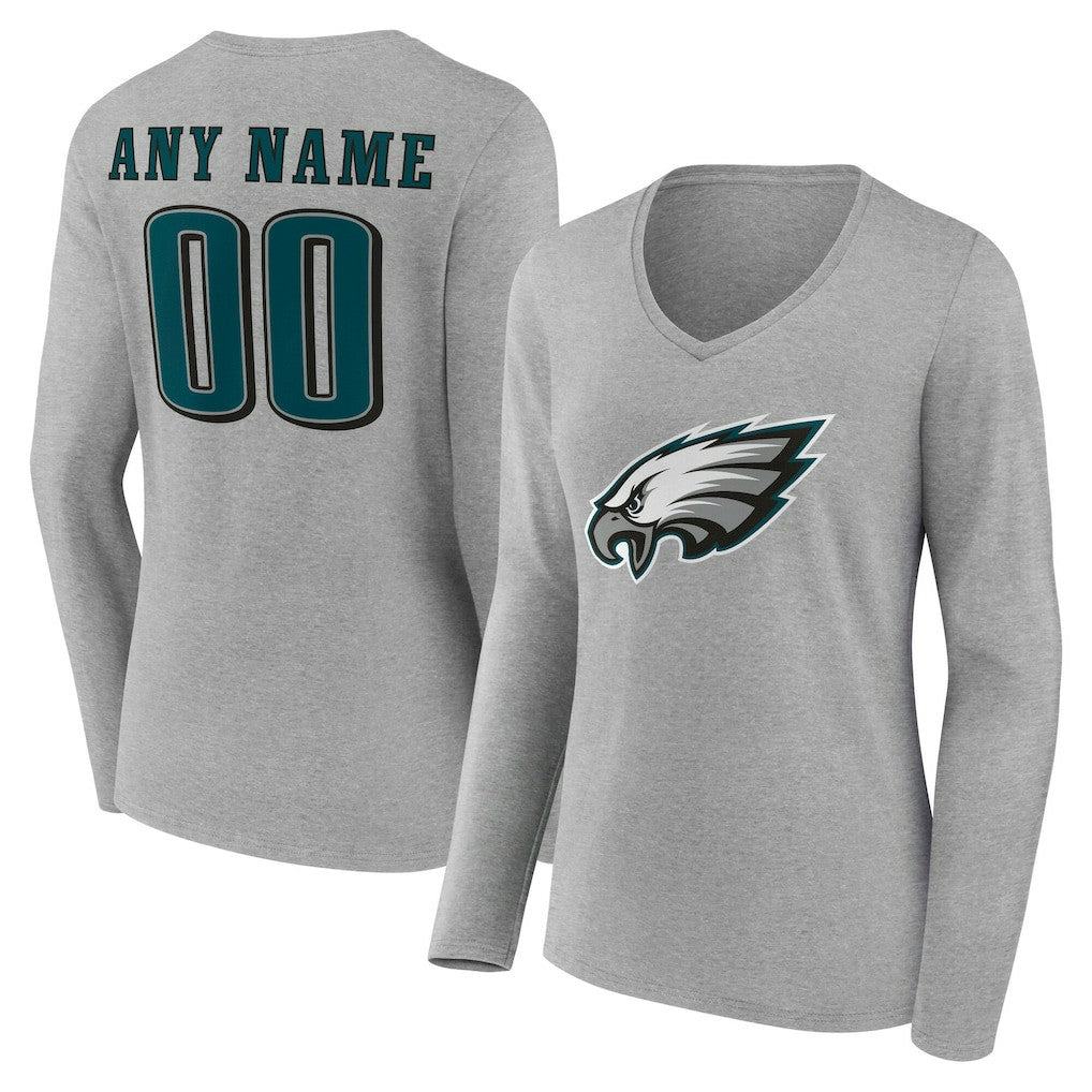 Philadelphia Eagles Women's Team Authentic Personalized Name & Number Long Sleeve V-Neck T-Shirt Gray - NFL