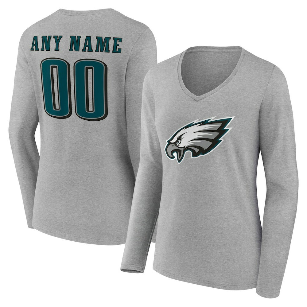 Philadelphia Eagles Women's Team Authentic Personalized Name & Number Long Sleeve V-Neck T-Shirt Gray - NFL
