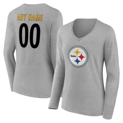Pittsburgh Steelers Women's Team Authentic Personalized Name & Number Long Sleeve V-Neck T-Shirt Gray - NFL