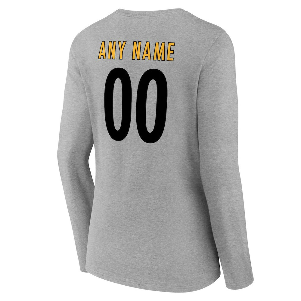 Pittsburgh Steelers Women's Team Authentic Personalized Name & Number Long Sleeve V-Neck T-Shirt Gray - NFL