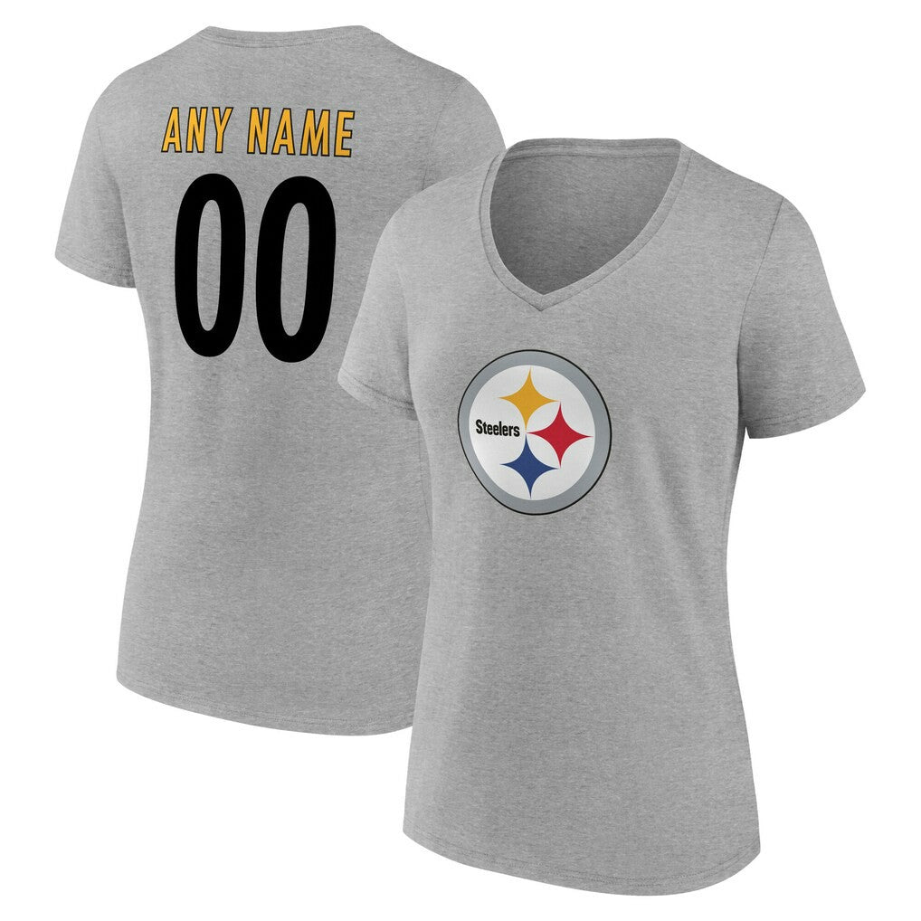 Pittsburgh Steelers Women's Team Authentic Personalized Name & Number V-Neck T-Shirt Gray - NFL