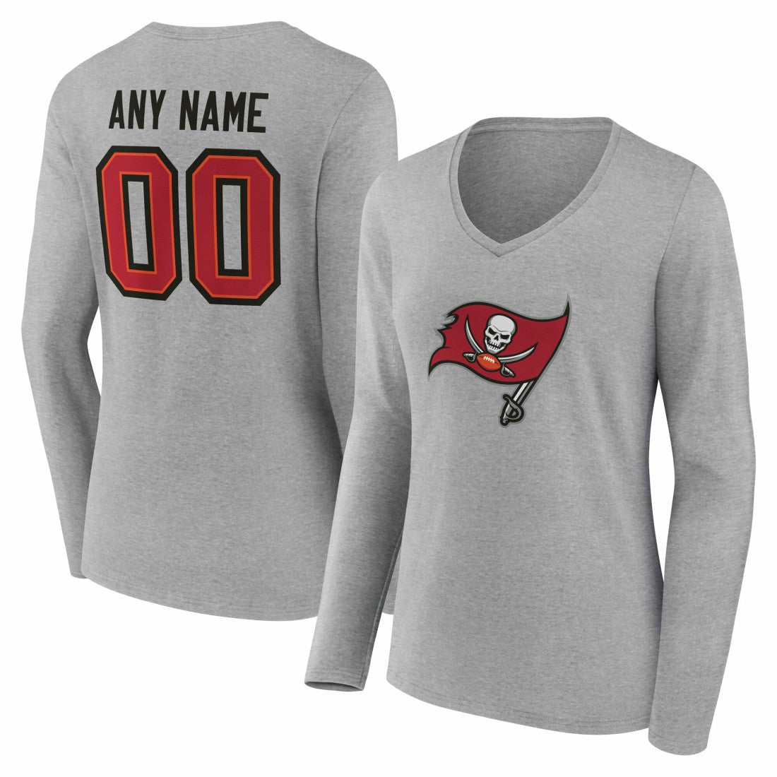 Tampa Bay Buccaneers Women's Team Authentic Personalized Name & Number Long Sleeve V-Neck T-Shirt Gray - NFL