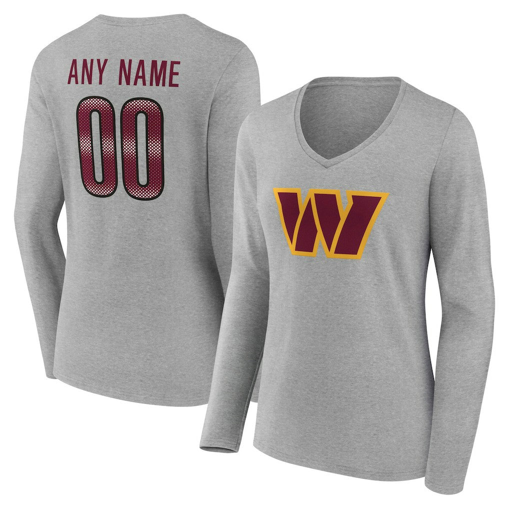 Washington Commanders Women's Team Authentic Personalized Name & Number Long Sleeve V-Neck T-Shirt Gray - NFL