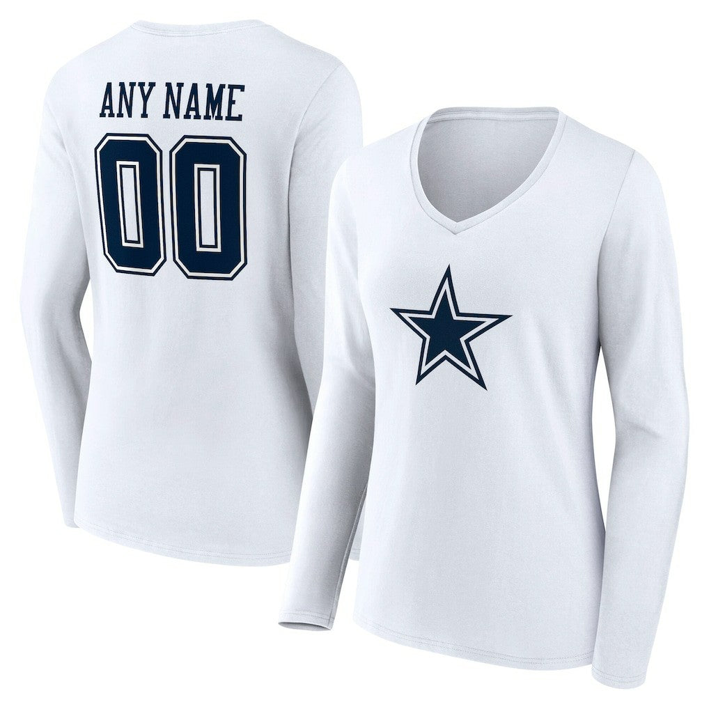 Dallas Cowboys Women's Team Authentic Personalized Name & Number Long Sleeve V-Neck T-Shirt White - NFL