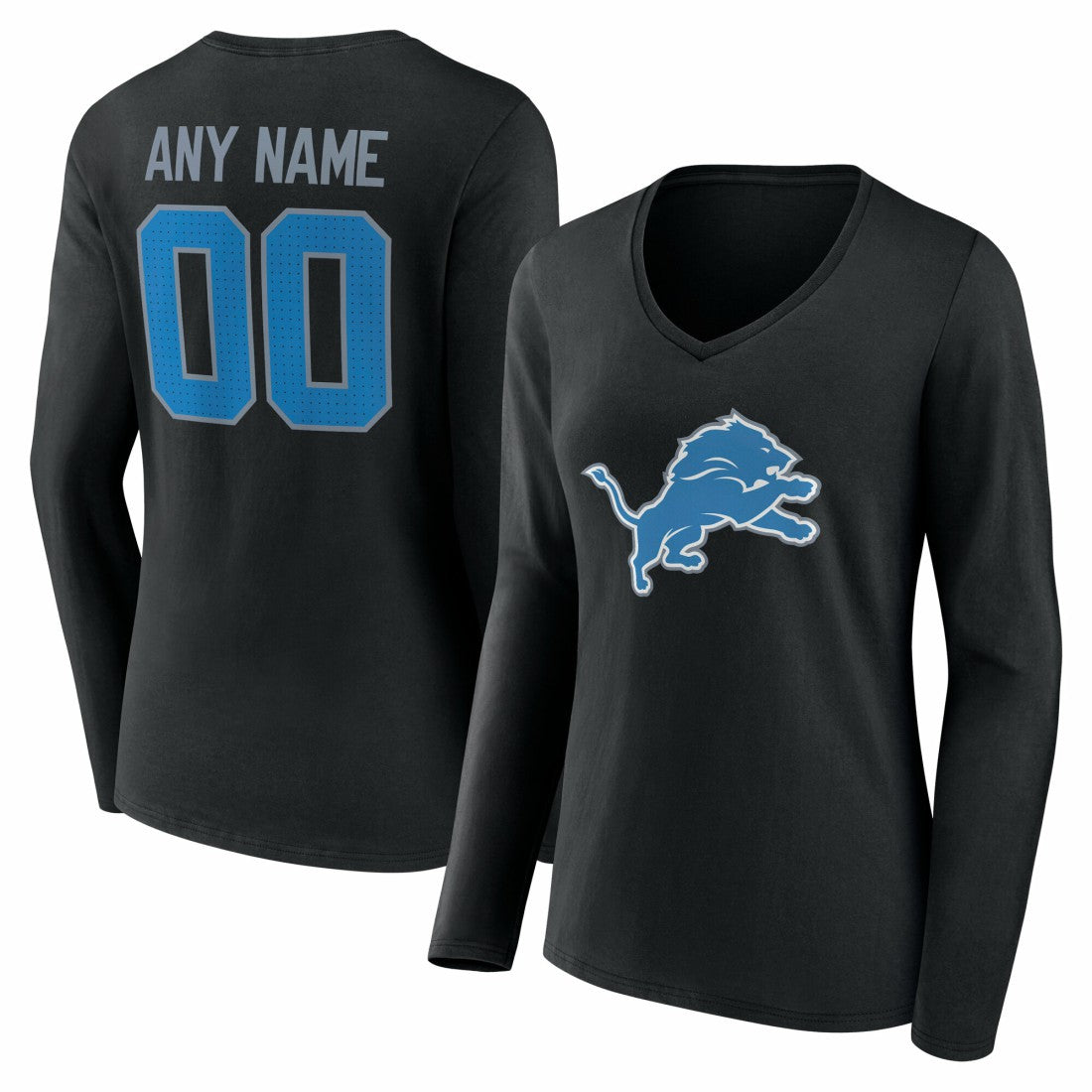 Detroit Lions Women's Team Authentic Personalized Name & Number Long Sleeve V-Neck T-Shirt Black - NFL