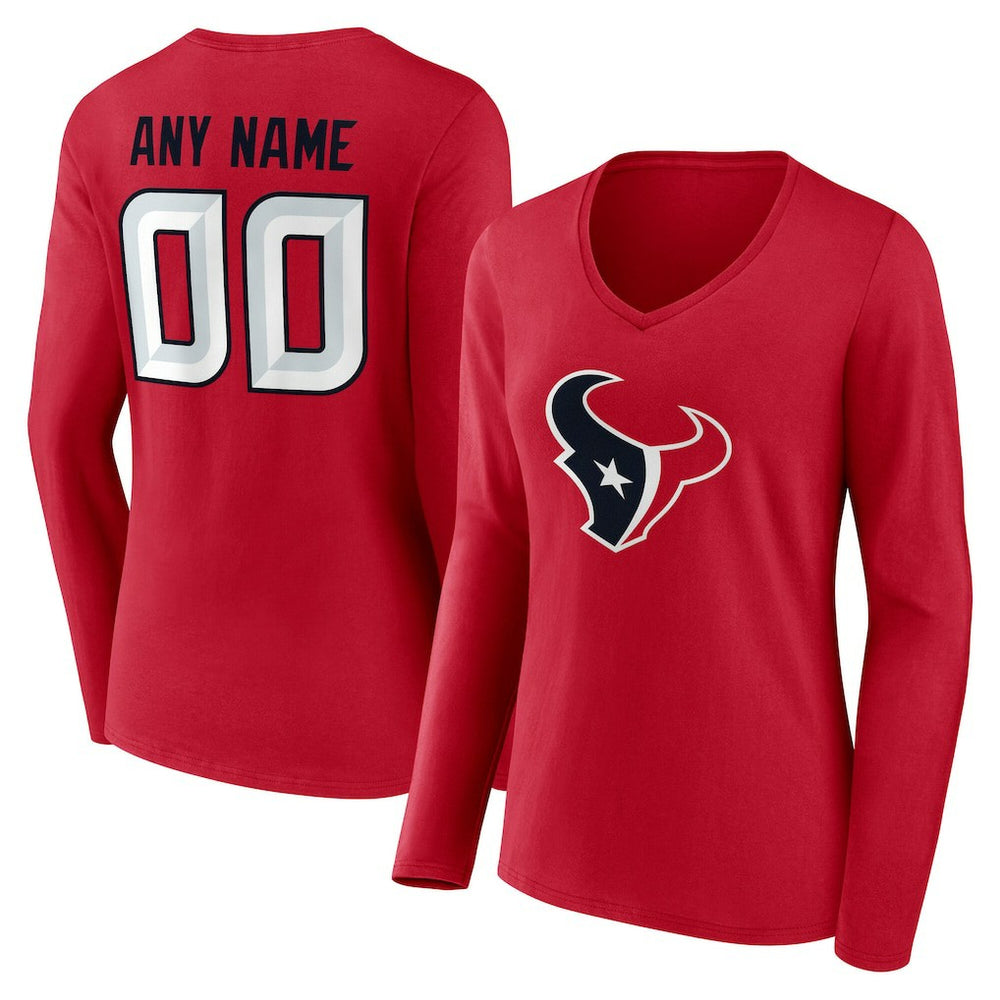 Houston Texans Women's Team Authentic Personalized Name & Number Long Sleeve V-Neck T-Shirt Red - NFL