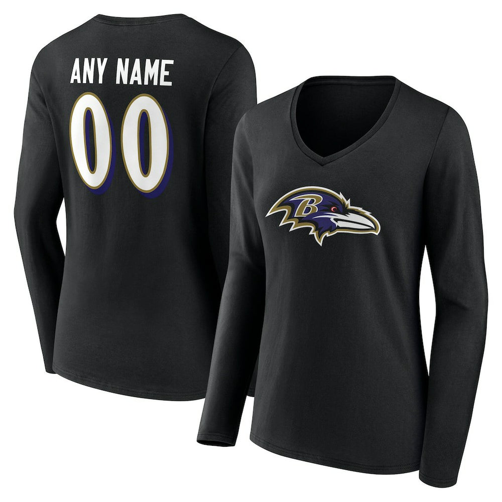 Baltimore Ravens Women's Team Authentic Personalized Name & Number Long Sleeve V-Neck T-Shirt Black - NFL