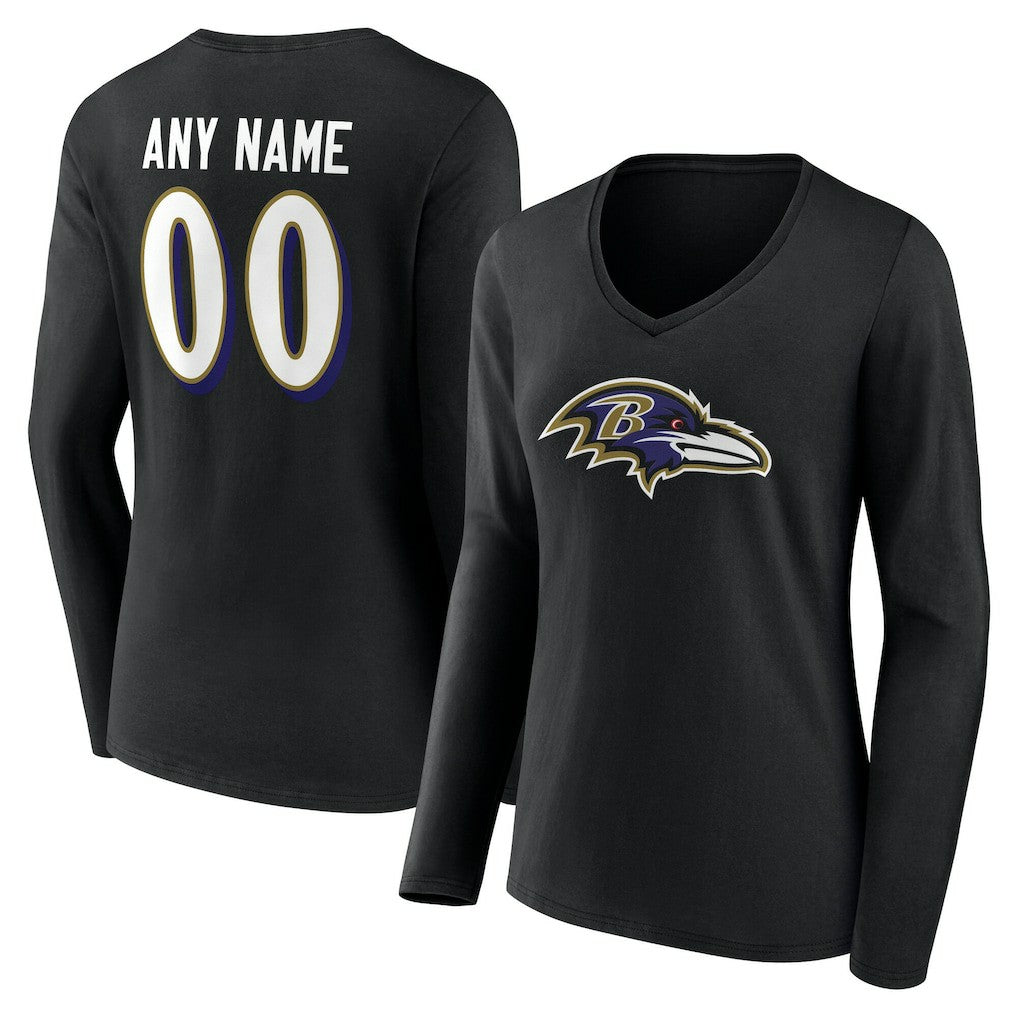 Baltimore Ravens Women's Team Authentic Personalized Name & Number Long Sleeve V-Neck T-Shirt Black - NFL