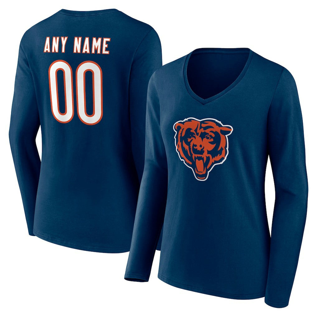 Chicago Bears Women's Team Authentic Personalized Name & Number Long Sleeve V-Neck T-Shirt Navy - NFL