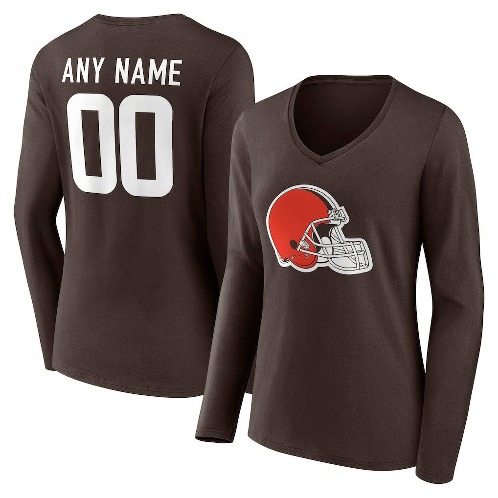 Cleveland Browns Women's Team Authentic Personalized Name & Number Long Sleeve V-Neck T-Shirt Brown - NFL
