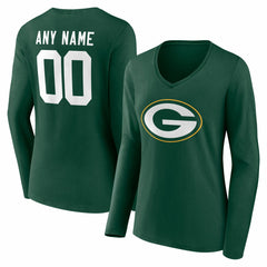 Green Bay Packers Women's Team Authentic Personalized Name & Number Long Sleeve V-Neck T-Shirt Green - NFL