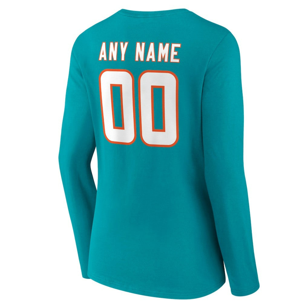 Miami Dolphins Women's Team Authentic Personalized Name & Number Long Sleeve V-Neck T-Shirt Aqua - NFL