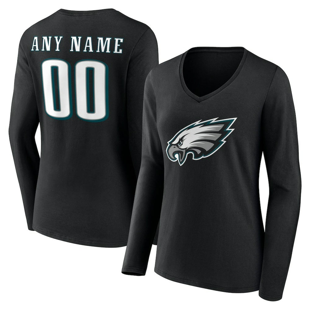 Philadelphia Eagles Women's Team Authentic Personalized Name & Number Long Sleeve V-Neck T-Shirt Black - NFL