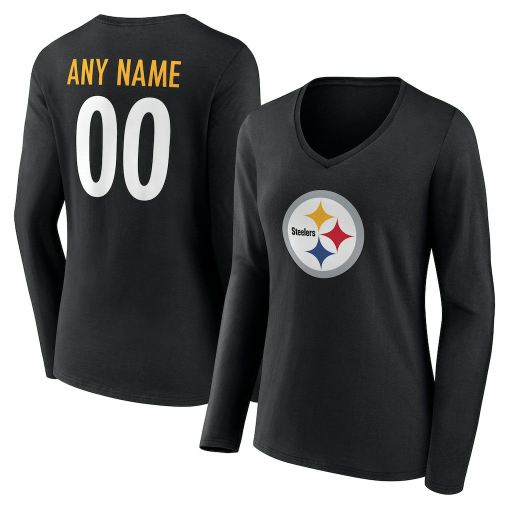 Pittsburgh Steelers Women's Team Authentic Personalized Name & Number Long Sleeve V-Neck T-Shirt Black - NFL
