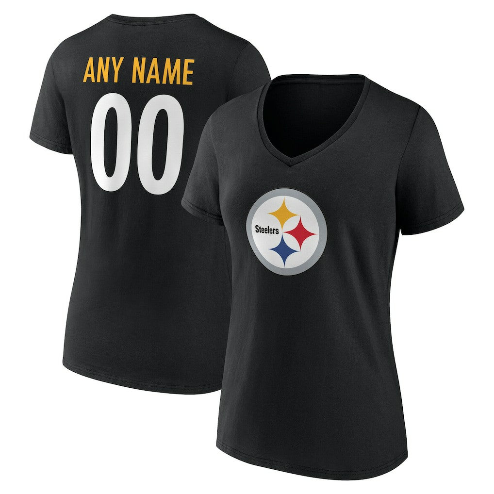 Pittsburgh Steelers Women's Team Authentic Personalized Name & Number V-Neck T-Shirt Black - NFL