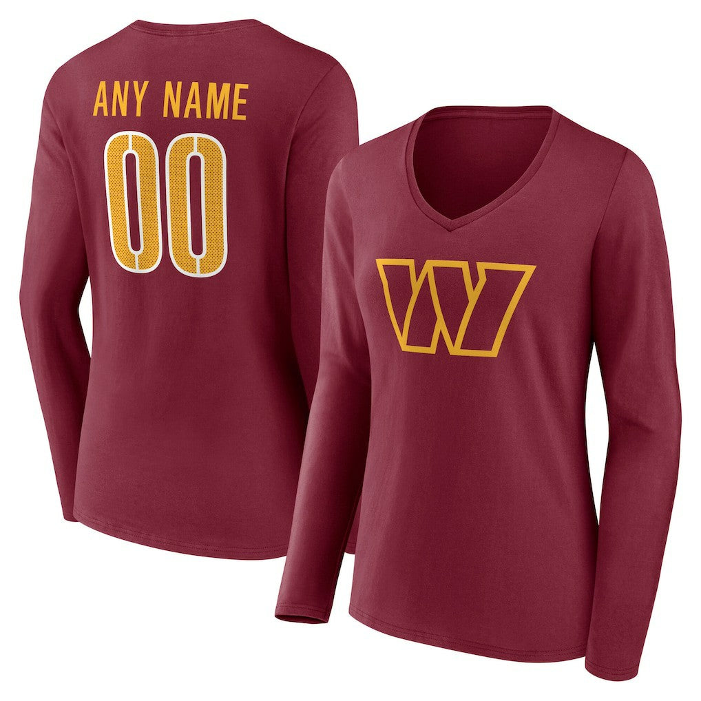 Washington Commanders Women's Team Authentic Personalized Name & Number Long Sleeve V-Neck T-Shirt Burgundy - NFL