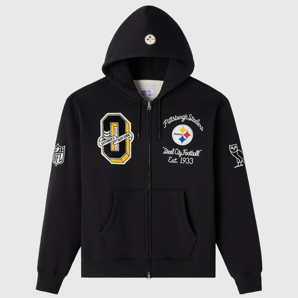 Pittsburgh Steelers OVO x NFL Unisex Full-Zip Waffle-Lined Hoodie Black - NFL