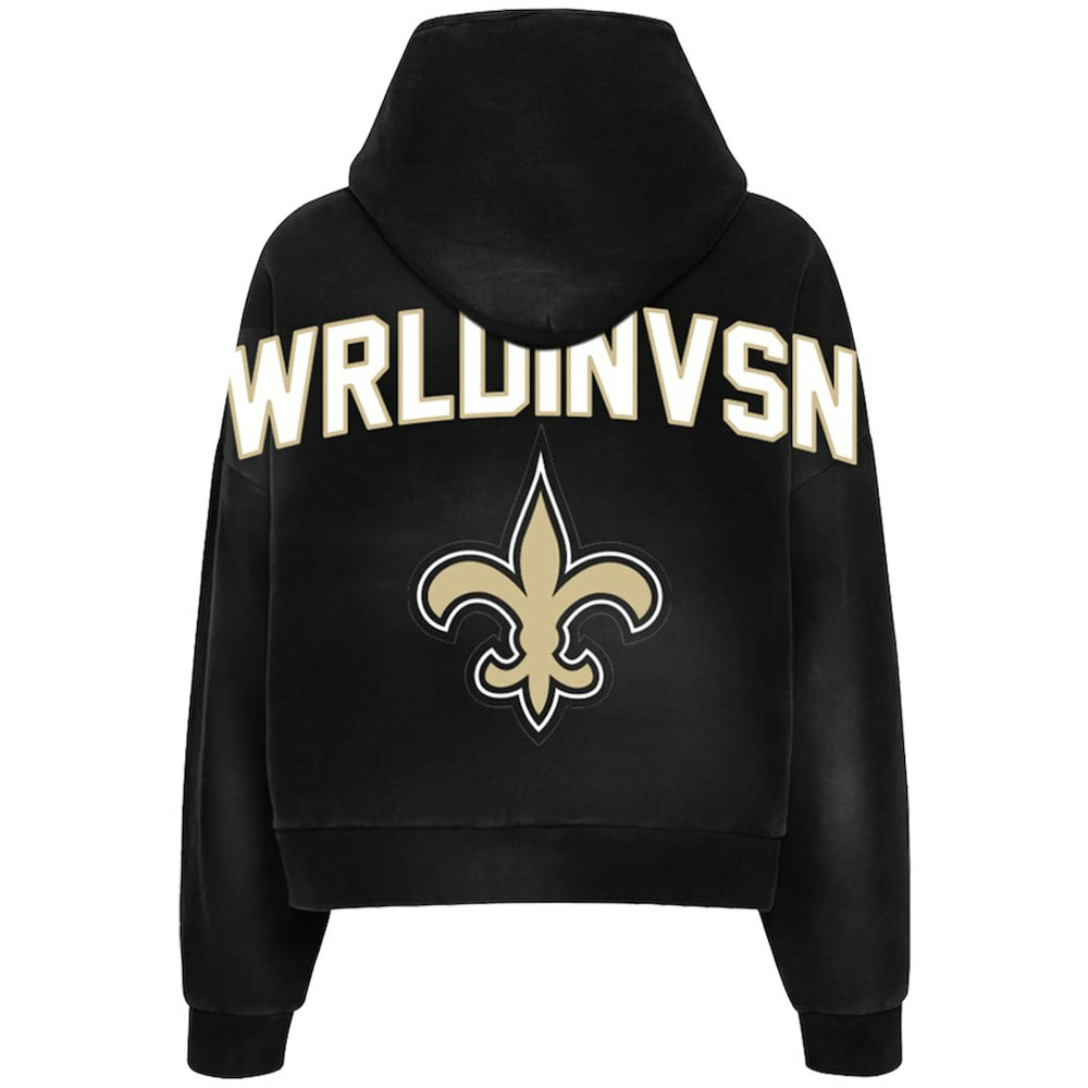 WRLDINVSN x New Orleans Saints Unisex Cozy Cropped Hoodie Black - NFL