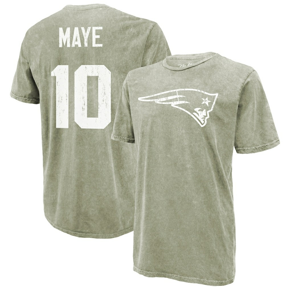 Drake Maye New England Patriots Majestic Threads Mineral Wash Name & Number T-Shirt Moss Green - NFL