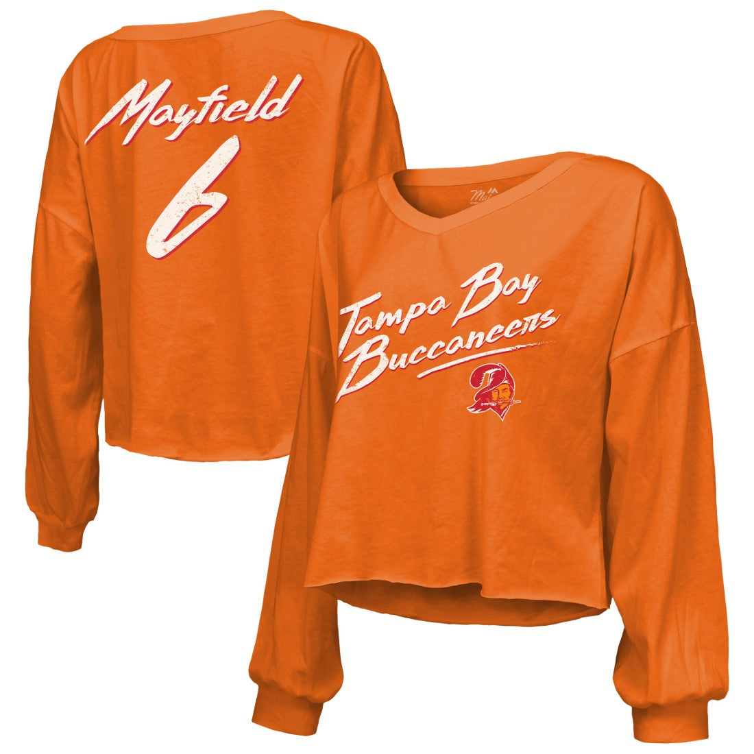 Baker Mayfield Tampa Bay Buccaneers Majestic Threads Women's Off-Shoulder Script Name & Number V-Neck T-Shirt Orange - NFL