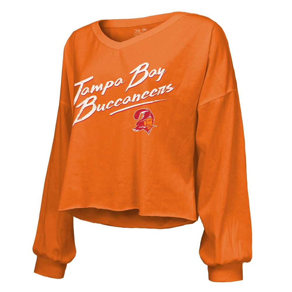 Baker Mayfield Tampa Bay Buccaneers Majestic Threads Women's Off-Shoulder Script Name & Number V-Neck T-Shirt Orange - NFL