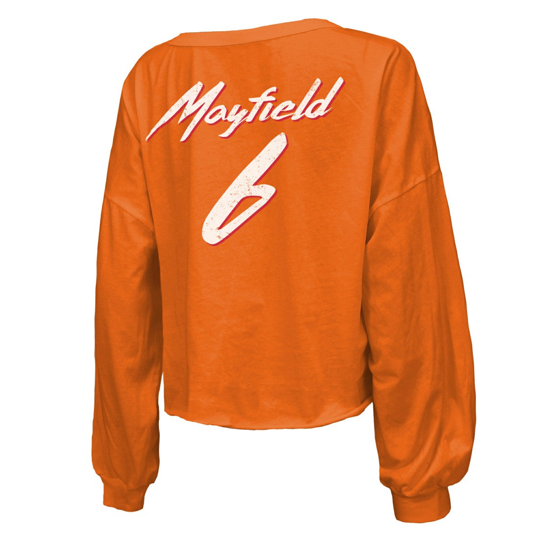 Baker Mayfield Tampa Bay Buccaneers Majestic Threads Women's Off-Shoulder Script Name & Number V-Neck T-Shirt Orange - NFL