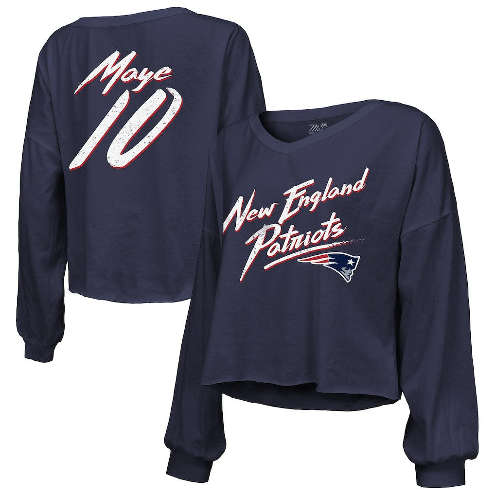 Drake Maye New England Patriots Majestic Threads Women's Off-Shoulder Script Name & Number V-Neck T-Shirt Navy - NFL