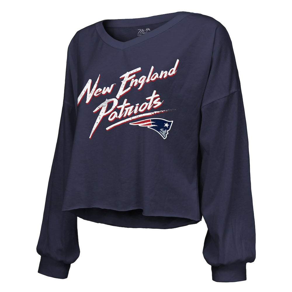 Drake Maye New England Patriots Majestic Threads Women's Off-Shoulder Script Name & Number V-Neck T-Shirt Navy - NFL