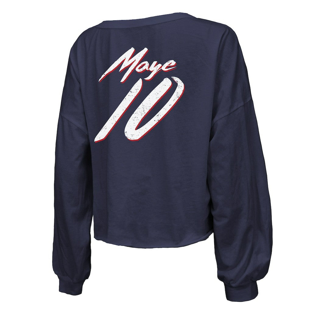 Drake Maye New England Patriots Majestic Threads Women's Off-Shoulder Script Name & Number V-Neck T-Shirt Navy - NFL